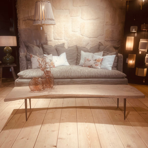TABLE BASSE ANCIENNE EN ORME SUR PIEDS METAL - 185x50CM