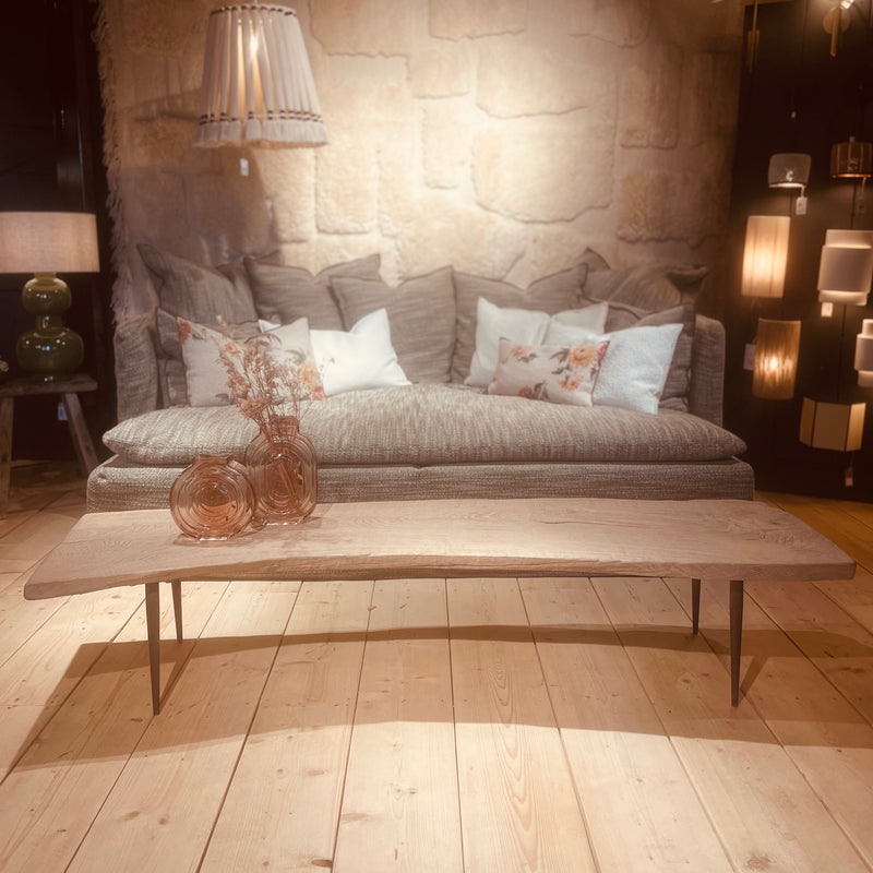 TABLE BASSE ANCIENNE EN ORME SUR PIEDS METAL - 185x50CM