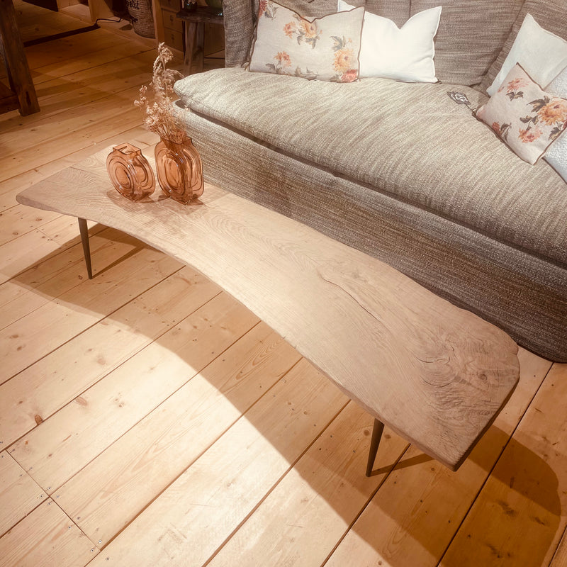 TABLE BASSE ANCIENNE EN ORME SUR PIEDS METAL - 185x50CM