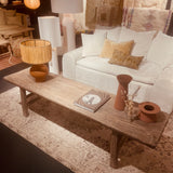 TABLE BASSE ANCIENNE EN ORME SUR PIEDS BOIS - 205x50CM