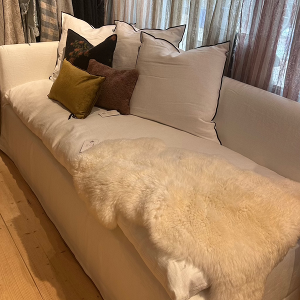 BANQUETTE BOHO ANGLE 200 AVEC 3 COUSSINS 65 x 65 cm LIN STONE WASHED BLANC - MAISON DE VACANCES