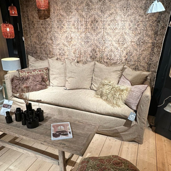 CANAPE BOHO 240 AVEC 5 COUSSINS 65 x 65 cm TOILE DE NAPLES UPCYCLEE CAPPUCINO - MAISON DE VACANCES